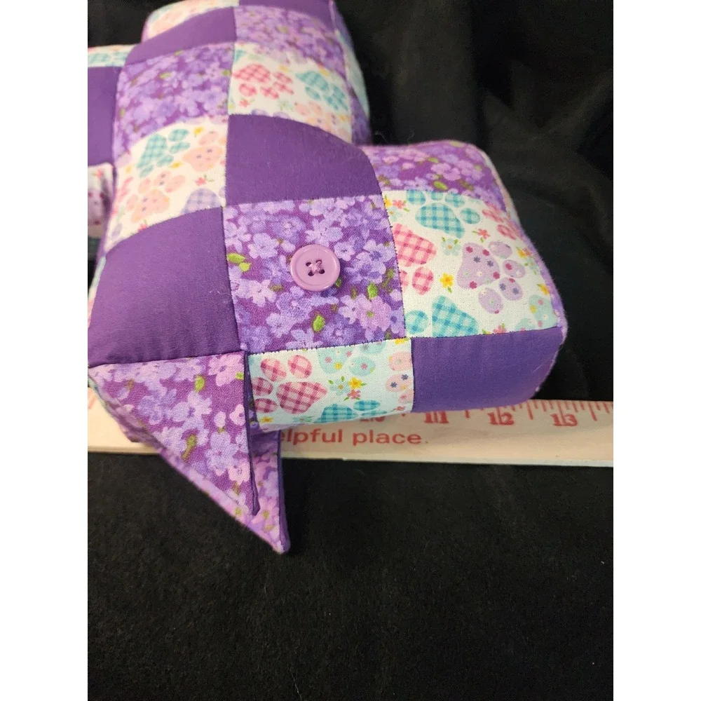 Handmade Patchwork Dog Plush Pillow Purple Floral Paw Print Quilted Decor 10in